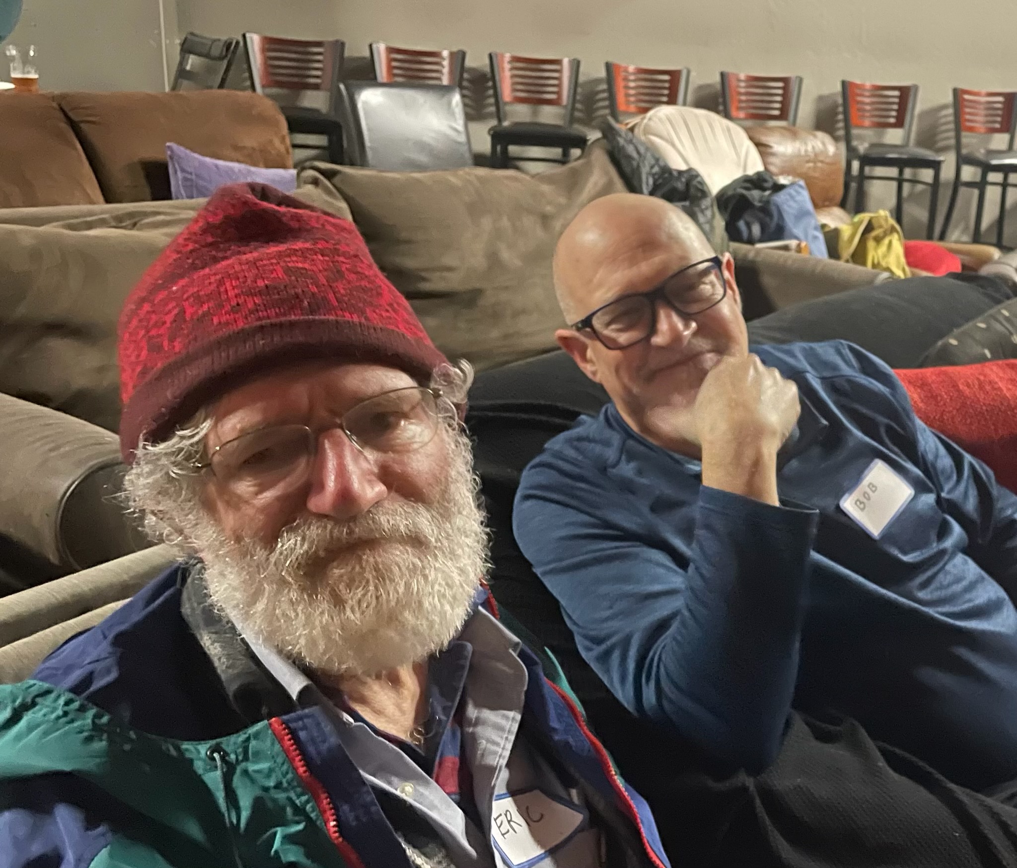 Eric with Bob on a couch